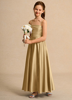 Azazie Pebbles Girls Formal Flower Girl Dresses Gold A-Line Pleated Matte Satin Dress image5