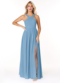 Azazie Elvira Bridesmaid Dresses Steel Blue A-Line Pleated Chiffon Dress image1