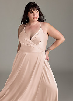 Azazie Davis Bridesmaid Dresses Blushing Pink A-Line Pleated Stretch Satin Dress image11
