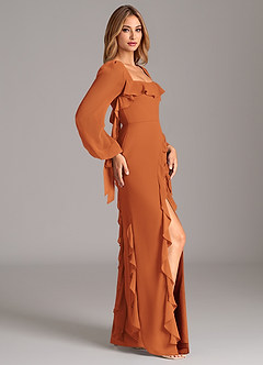 Azazie Malia Bridesmaid Dresses Cinnamon A-Line Long Sleeve Chiffon Dress image6
