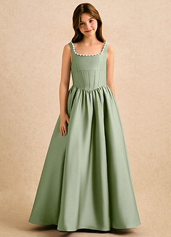 Azazie Enid Girls Formal Blomsterpigekjoler A-Line Perlebesat Stræk satin Gulv-længde Kjole image5