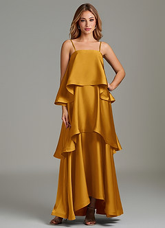 Azazie Azalea Bridesmaid Dresses Butterscotch A-Line Ruched Stretch Satin Dress image1