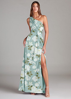 Azazie Brooke Bridesmaid Dresses Misty Floral Garden A-Line One Shoulder Stretch Satin Dress image1