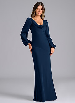 Azazie Rylina Vestidos de damas de honor Vestido de Azul Marino Oscuro de Satén Elástico de Corte Sirena con Manga larga image4