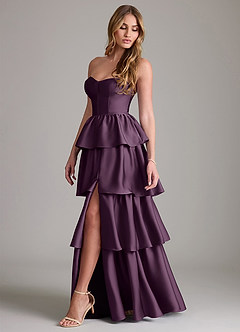 Azazie Faye Bridesmaid Dresses Plum A-Line Ruched Stretch Satin Dress image3