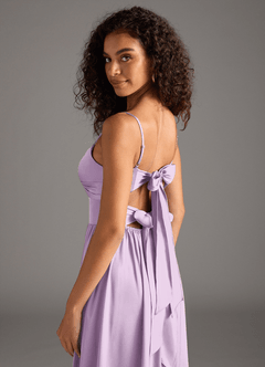 Azazie Zeya Bridesmaid Dresses Frosted Lilac A-Line Pleated Stretch Satin Dress image5