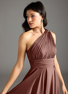 Azazie Charlize Bridesmaid Dresses Espresso A-Line One Shoulder Stretch Satin Dress image7