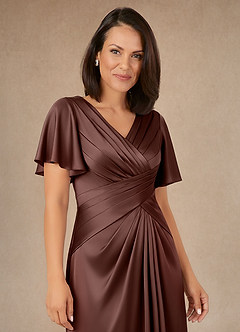Azazie Emmeline Mother of the Bride Dresses Espresso A-Line Pleated Stretch Satin Dress image5