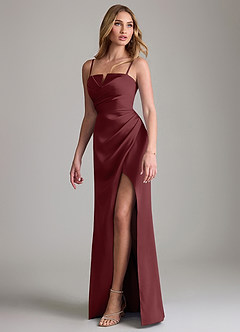 Azazie Danelle Vestidos de damas de honor Vestido de Cabernet de Satén Elástico de Corte Recto con Plisado image4