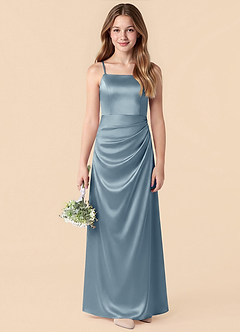 Azazie Renna Junior Dusty Blue A-Line Pleated Stretch Satin Dress image1
