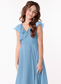 Azazie Posie Junior Steel Blue A-Line Ruched Chiffon Dress image6