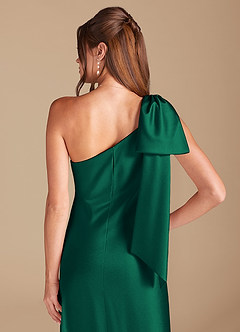 Azazie Capri Bridesmaid Dresses Emerald Sheath One Shoulder Metallic Satin Dress image2