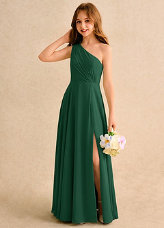 Azazie Puddles Girls Formal vestidos de niña de las flores Vestido de Verde Oscuro de Gasa de Corte en A con Hombro unilateral image3