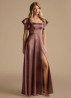 Azazie Bondi Bridesmaid Dresses Espresso A-Line Bow Metallic Satin Dress image2
