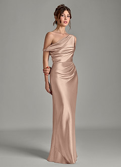 Azazie Emerson Bridesmaid Dresses Taupe Mermaid Off the Shoulder Metallic Satin Dress image5