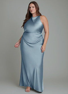 Azazie Evadne Bridesmaid Dresses Dusty Blue Sheath Pleated Stretch Satin Dress image12