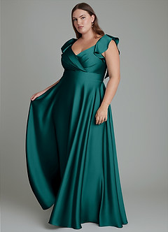 Azazie Leilani Abiti da Damigella Abito A-Line in Raso Elasticizzato Drappeggiato Verde Pavone image13