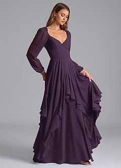 Azazie Karan Bridesmaid Dresses Plum A-Line Long Sleeve Chiffon Dress image4