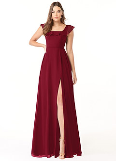 Azazie Jinny Brautjungfernkleider A-Linie Quadratischer Ausschnitt Gerüscht Chiffon Kleid Burgunderrot image1