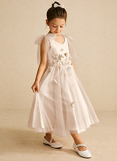 Azazie Minia vestidos de niña de las flores Vestido de Alabastro Blanco de Satin Mate de Corte En A con Lazo image3