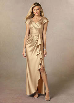 Azazie Anderson Champagne A-Line Pleated Stretch Satin Dress