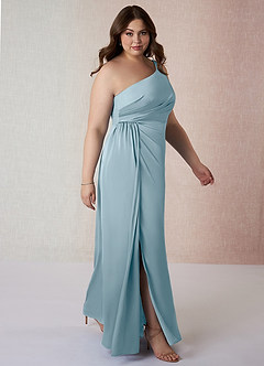 Azazie Mika Bridesmaid Dresses Moody Blue Sheath One Shoulder Stretch Satin Dress image10