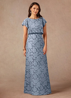 Azazie Lehi vestidos de madre de la novia Vestido de Azul Polvoriento de Devorado Floral de Corte En A con Cuello de barco image3