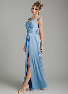 Azazie Karina Bridesmaid Dresses Powder Blue A-Line Pleated Stretch Satin Dress image3