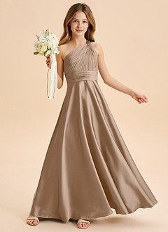 Azazie Charlize Junior Taupe A-Line Pleated Stretch Satin Dress image1