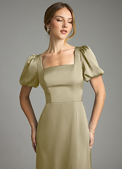 Azazie Fyona Vestidos de damas de honor Vestido de Musgo Verde de Satén Elástico de Corte en A con Plisado image6