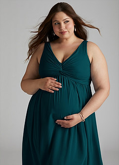 Azazie Yetta Maternity Bridesmaid Dresses A-Line V-Neck Gathered Chiffon Floor-Length Dress image8