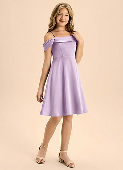 Azazie Anselie Junior Frosted Lilac A-Line Off the Shoulder Stretch Satin Dress image6