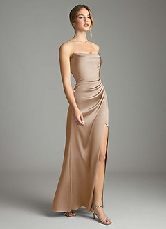 Azazie Leonis Bridesmaid Dresses Taupe Mermaid Pleated Stretch Satin Convertible Dress image6