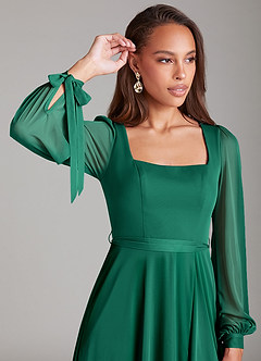 Azazie Leonia Bridesmaid Dresses Emerald A-Line Long Sleeve Mesh Dress image5
