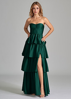 Azazie Faye Vestidos de madrinha de casamento Vestido Esmeralda de Cetim elástico de Linha A com Ruched image5