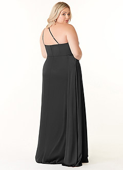 Azazie Maron At-home Try On Dresses Black A-Line One Shoulder Stretch Satin Dress image9
