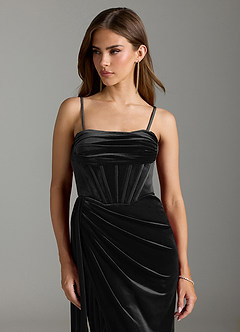 Azazie Amyra Robes de demoiselle d'honneur Robe Fourreau Convertible en velours Épaule décolletée Noir image2
