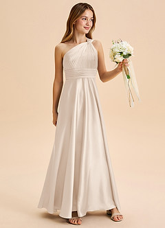 Azazie Charlize Junior Abito A-Line in Raso Elasticizzato Plissettato Alabastro Bianco image3