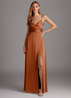 Azazie Calissa Bridesmaid Dresses Copper A-Line V-Neck Pleated Stretch Satin Dress image1