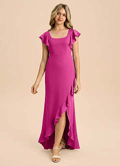 Azazie Demi Junior Fuchsia Mermaid Bow Stretch Satin Dress image3