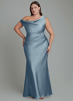 Azazie Emerson Vestidos de damas de honor Vestido Azul Polvoriento de Satén Elástico de Corte Sirena con Hombros descubiertos image8