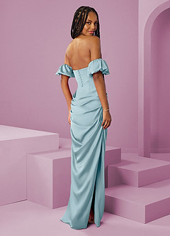 Barbie ♥ Azazie Robes de demoiselle d'honneur Robe Fourreau Convertible en Satin extensible Épaule décolletée Bleu Maussade image2