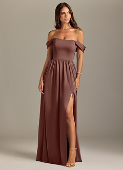 Azazie Calianna Bridesmaid Dresses Espresso A-Line Off the Shoulder Stretch Satin Convertible Dress image1