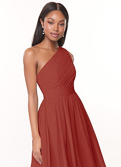 Azazie Katrina Robes de demoiselle d'honneur Robe Trapèze en Mousseline de soie Ue épaule Terracotta image5