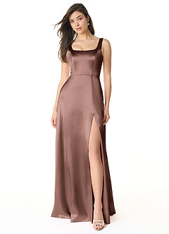 Azazie Joyce Brautjungfernkleider A-Linie Seitliche Cut-Outs Metallischer Satin Kleid Espresso image1