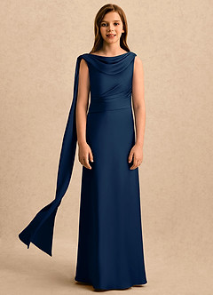 Azazie Sanah Girls Formal Flower Girl Dresses Dark Navy A-Line Pleated Stretch Satin Dress image4