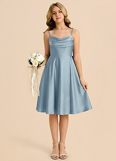 Azazie Bear Vestido de Azul Polvoriento de Satén Elástico de Corte en A con Escote de Corazón image6