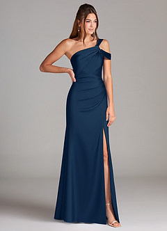 Azazie Wynter Bridesmaid Dresses Dark Navy Sheath Off the Shoulder Stretch Satin Dress image4