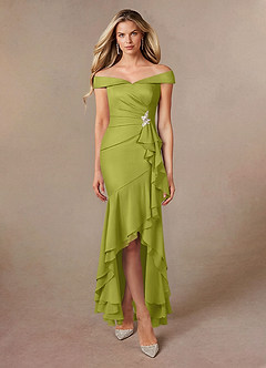 Azazie Billings Mother of the Bride Dresses Lemongrass Mermaid Off the Shoulder Stretch Satin Dress image6