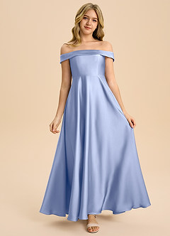 Azazie Sissy Junior Ice A-Line Off the Shoulder Stretch Satin Dress image4